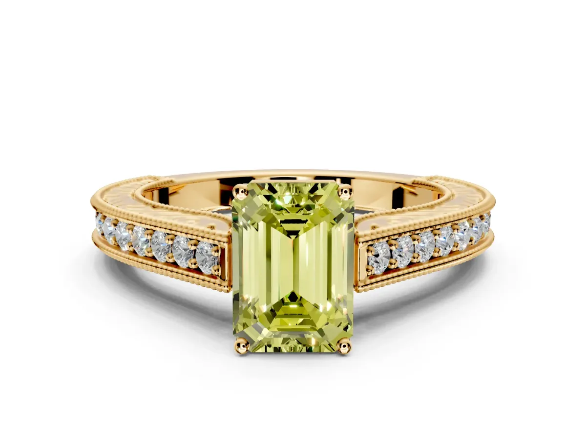 Solitaire Engagement Ring Setting for Fancy Yellow Emerald Cut Center with Engraved Pave Band and Prong Head in Yellow Gold