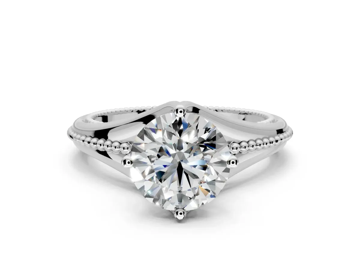 Solitaire Engagement Ring Setting for Round Cut Center with Milgrain Cathedral Band and Prong Head in Sterling Silver
