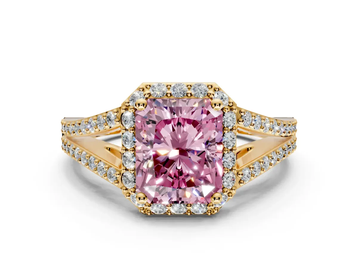 Halo Engagement Ring Setting for Fancy Pink Radiant Cut Center with Pave Split Shank and Prong Head in Yellow Gold