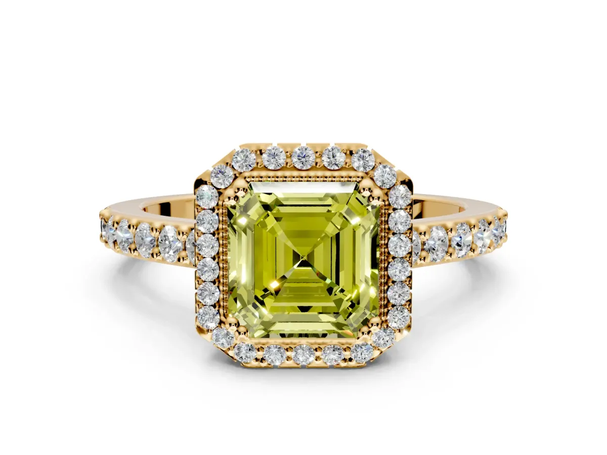 Halo Engagement Ring Setting for Fancy Yellow Asscher Cut Center with Inner Milgrain Border and Prong Head in Yellow Gold