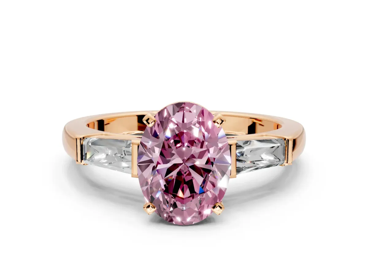 3 Stone Engagement Ring Setting for Fancy Pink Oval Center with Tapered Baguettes, Plain Band and Prong Head in Rose Gold