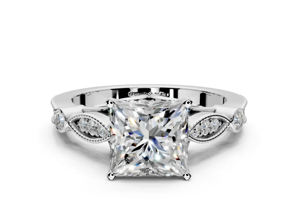 Solitaire Engagement Ring Setting for Princess Cut Center with Marquise and Bezel Accents and Prong Head in Platinum