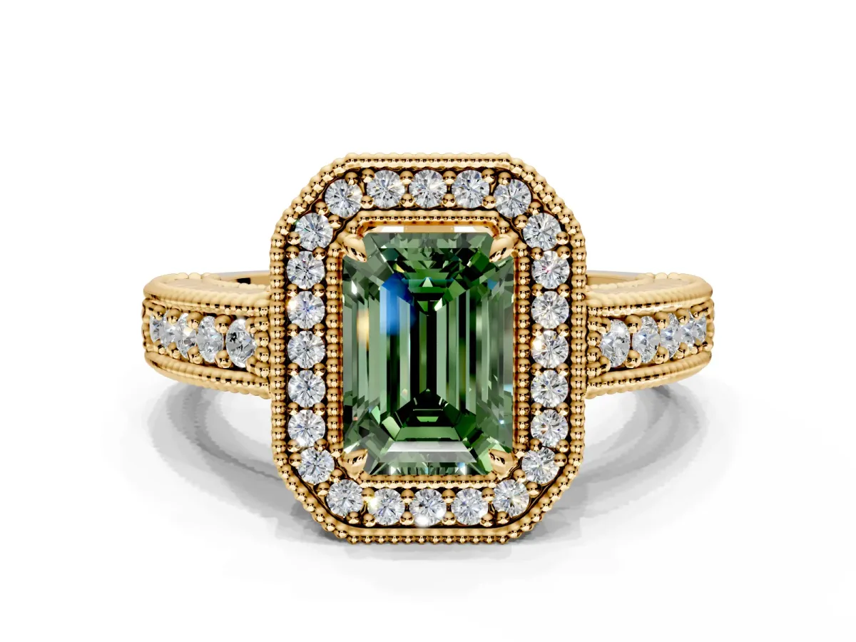 Milgrain Halo Engagement Ring Setting for Fancy Green Emerald Cut Center with Pave Band and Prong Head in Yellow Gold