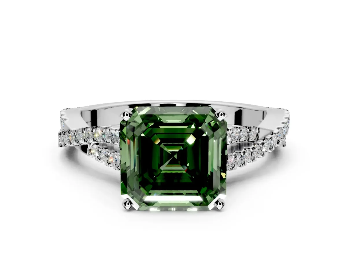 Solitaire Engagement Ring Setting for Fancy Green Asscher Cut Center with Twisted Pave Split Shank and Prong Head in Platinum