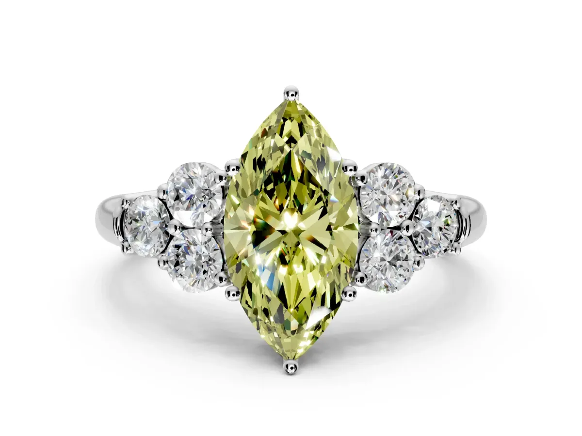 Cluster Engagement Ring Setting for Fancy Yellow Marquise Center with Round Cut Accent Frame and Prong Head in Platinum