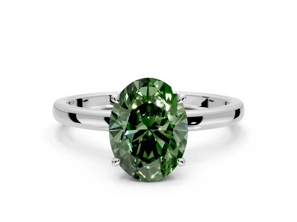 Hidden Halo Engagement Ring Setting for Fancy Green Oval Center with Plain Band and Tall Prong Head in Platinum