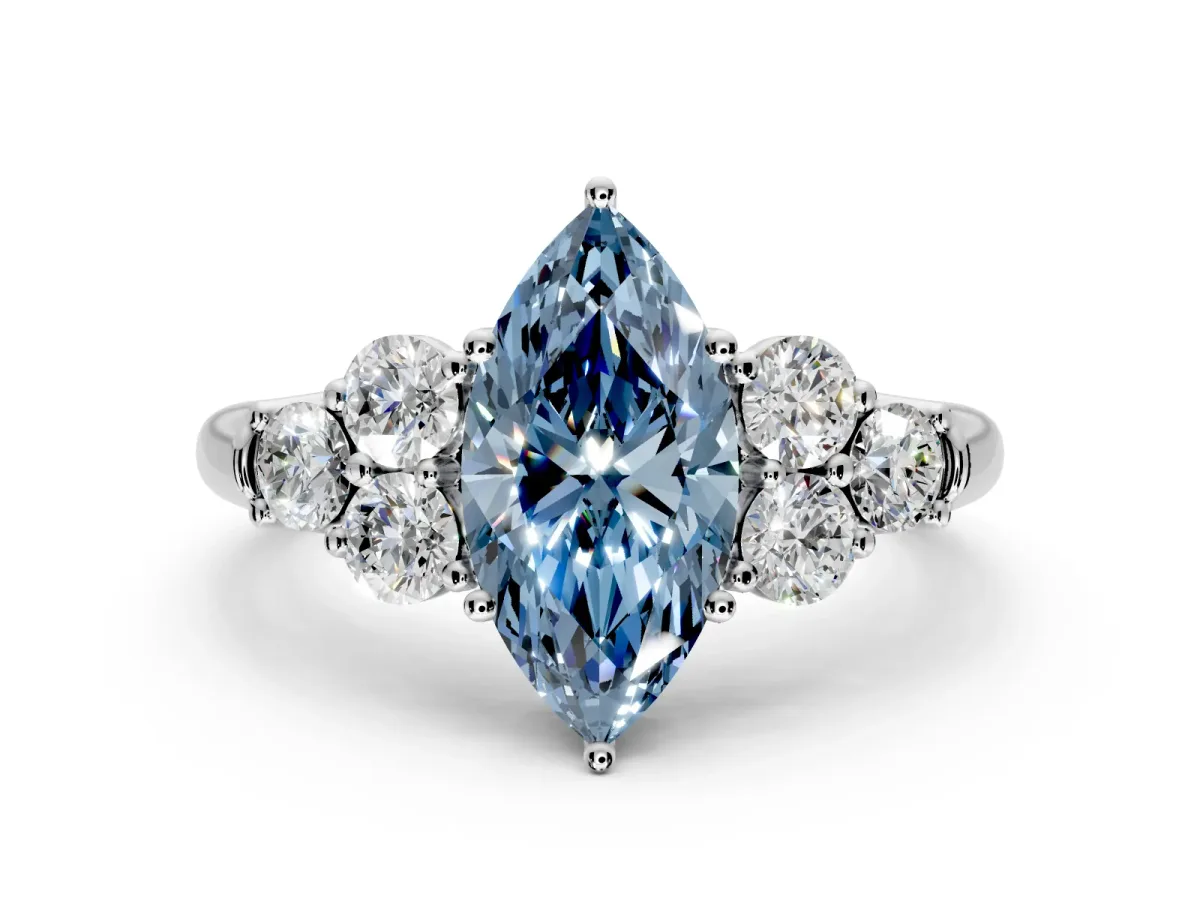 Cluster Engagement Ring Setting for Fancy Blue Marquise Center with Round Cut Accent Frame and Prong Head in White Gold