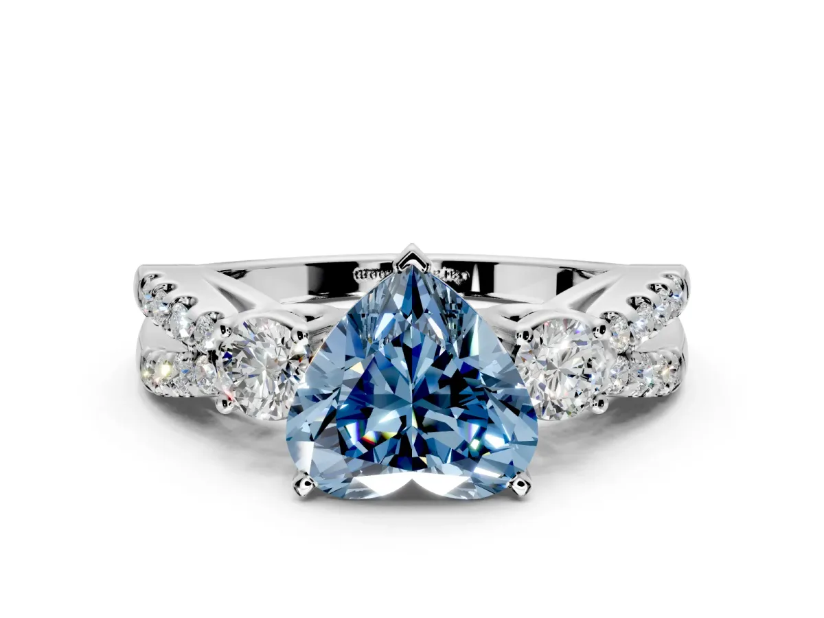 3 Stone Engagement Ring Setting for Fancy Blue Heart-Shaped Center with Pave Split Shank and Prong Head in Sterling Silver