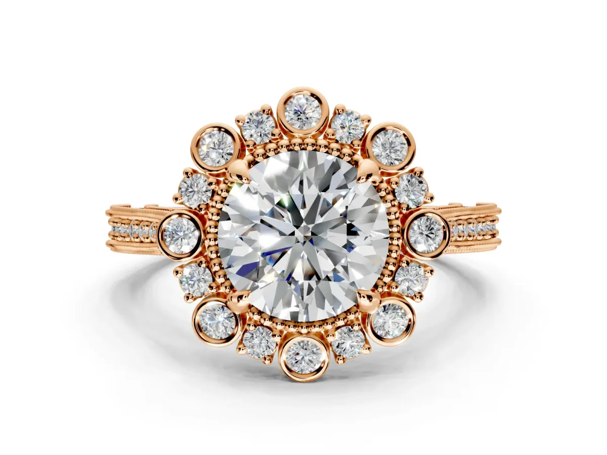 Milgrain Halo Engagement Ring Setting for Round Cut Center with Bezel Point Accents and Prong Head in Rose Gold