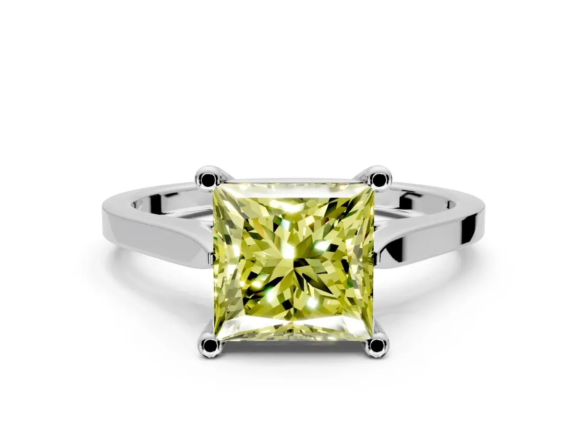 Solitaire Engagement Ring Setting for Fancy Yellow Princess Cut Center with Tapered Shoulders and Prong Head in White Gold
