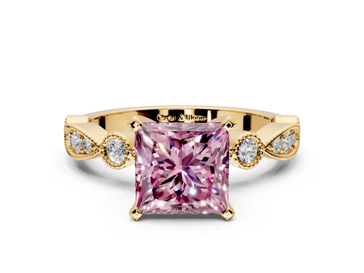 Solitaire Engagement Ring Setting for Fancy Pink Princess Cut Center with Milgrain Bezel Accents and Prong Head in Yellow Gold