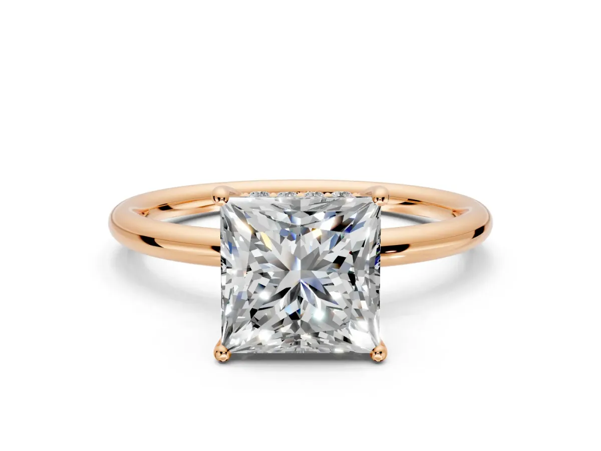 Solitaire Engagement Ring Setting for Princess Cut Center with Plain Band, Open Basket and Prong Head in Rose Gold