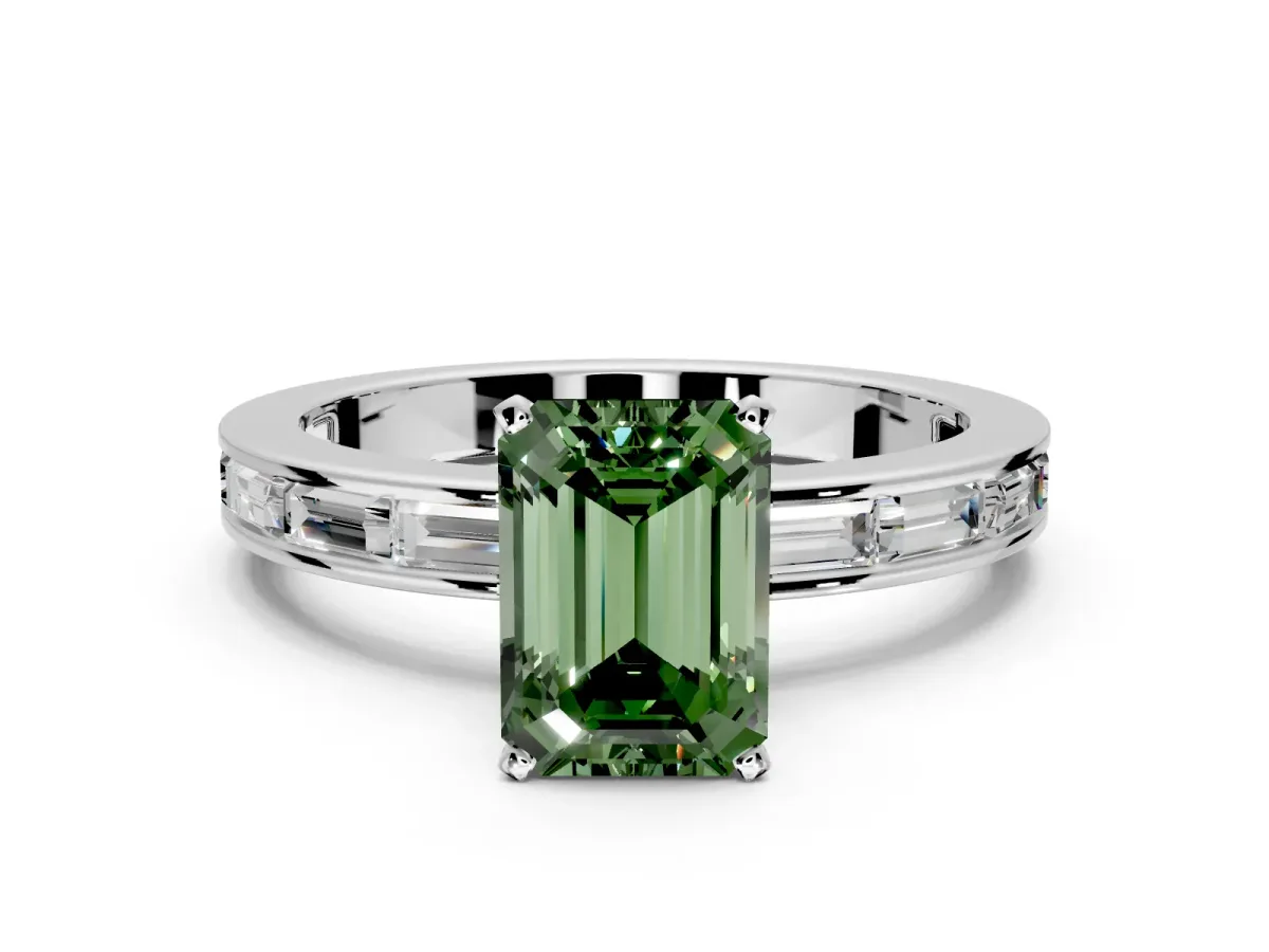 Solitaire Engagement Ring Setting for Fancy Green Emerald Cut Center with Channel Baguette Band and Prong Head in Platinum