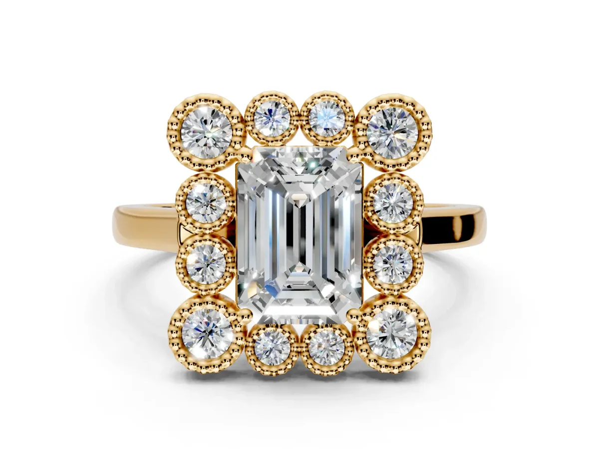 Cluster Halo Engagement Ring Setting for Emerald Cut Center with Milgrain Bezel Accents and Prong Head in Yellow Gold