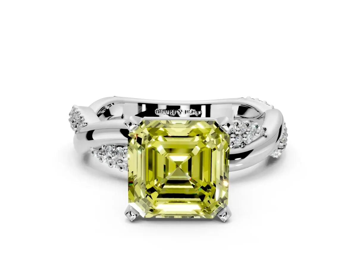 Solitaire Engagement Ring Setting for Fancy Yellow Asscher Cut Center with Pave and Plain Crossover and Basket Head in Sterling Silver