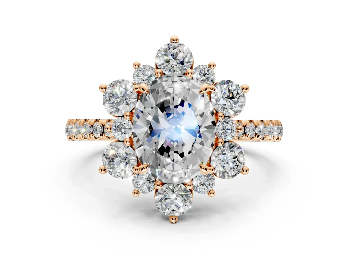 Floral Halo Engagement Ring Setting for Oval Center with Pave Accents and Prong Head in Rose Gold