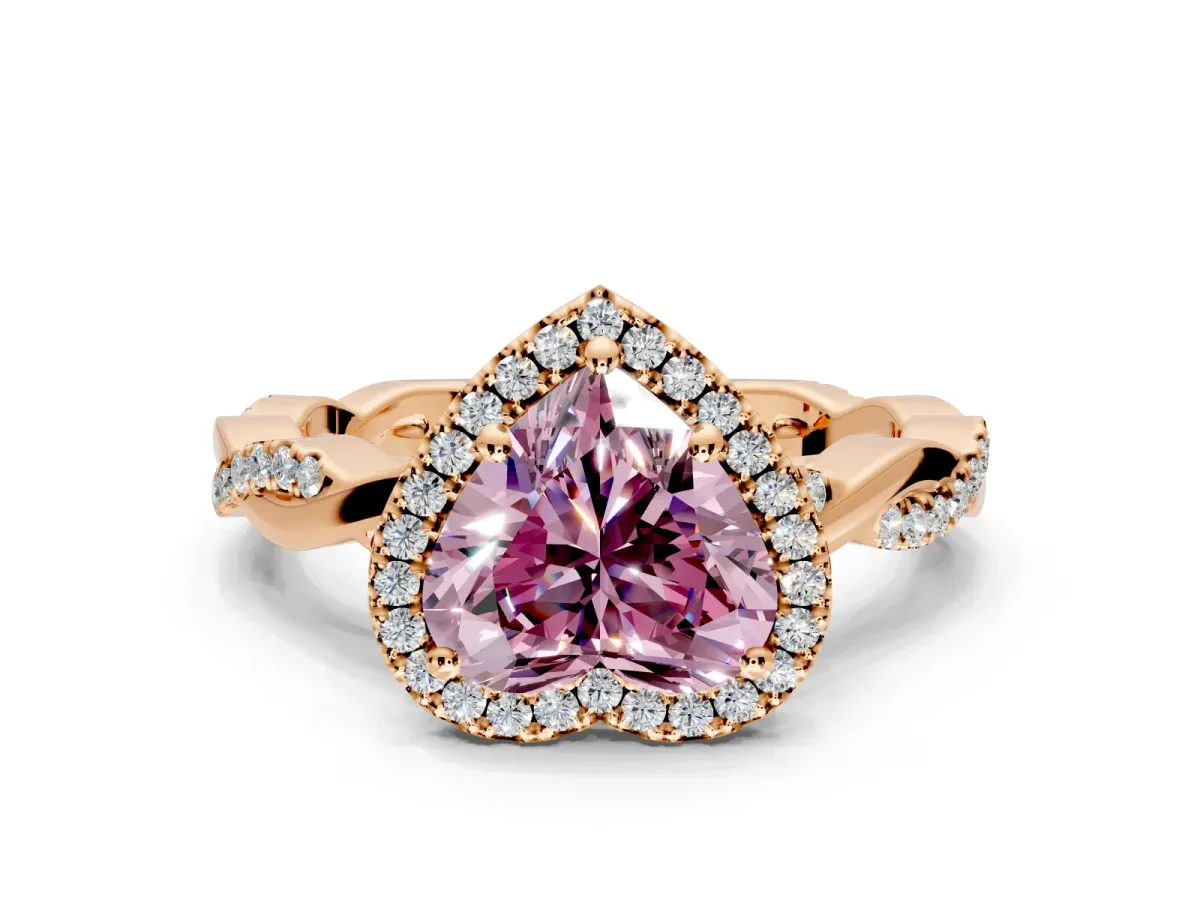 Halo Engagement Ring Setting for Fancy Pink Heart-Shaped Center with Pave and Plain Twist Band and Prong Head in Rose Gold