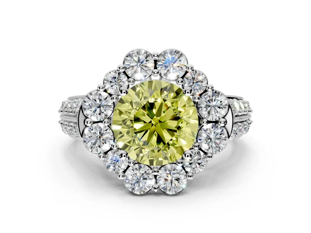 Large Accent Halo Engagement Ring Setting for Fancy Yellow Round Cut Center with Pave Split Shank and Prong Head in Sterling Silver