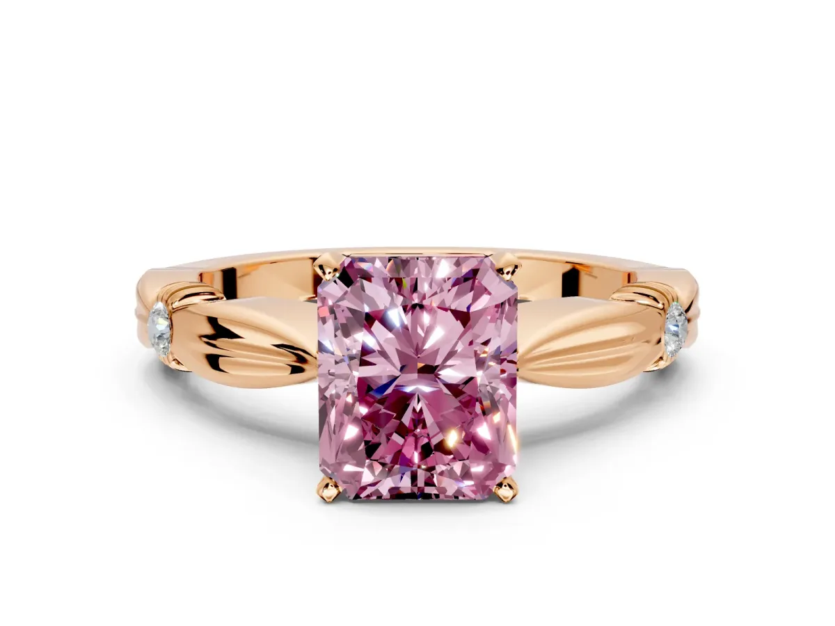 Solitaire Engagement Ring Setting for Fancy Pink Radiant Cut Center with Carved Leaf Shoulders and Prong Head in Rose Gold