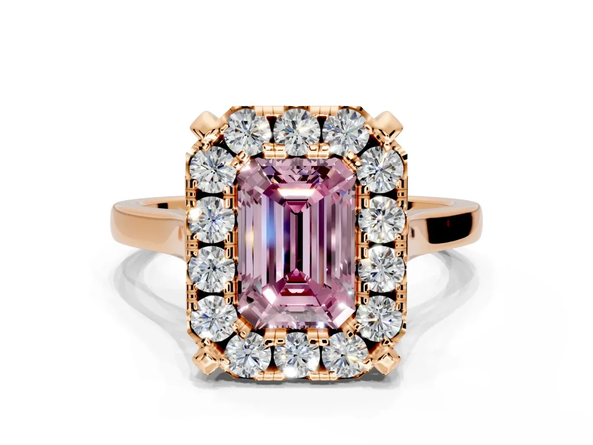Single Halo Engagement Ring Setting for Fancy Pink Emerald Cut Center with Corner Claws, Plain Band and Prong Head in Rose Gold