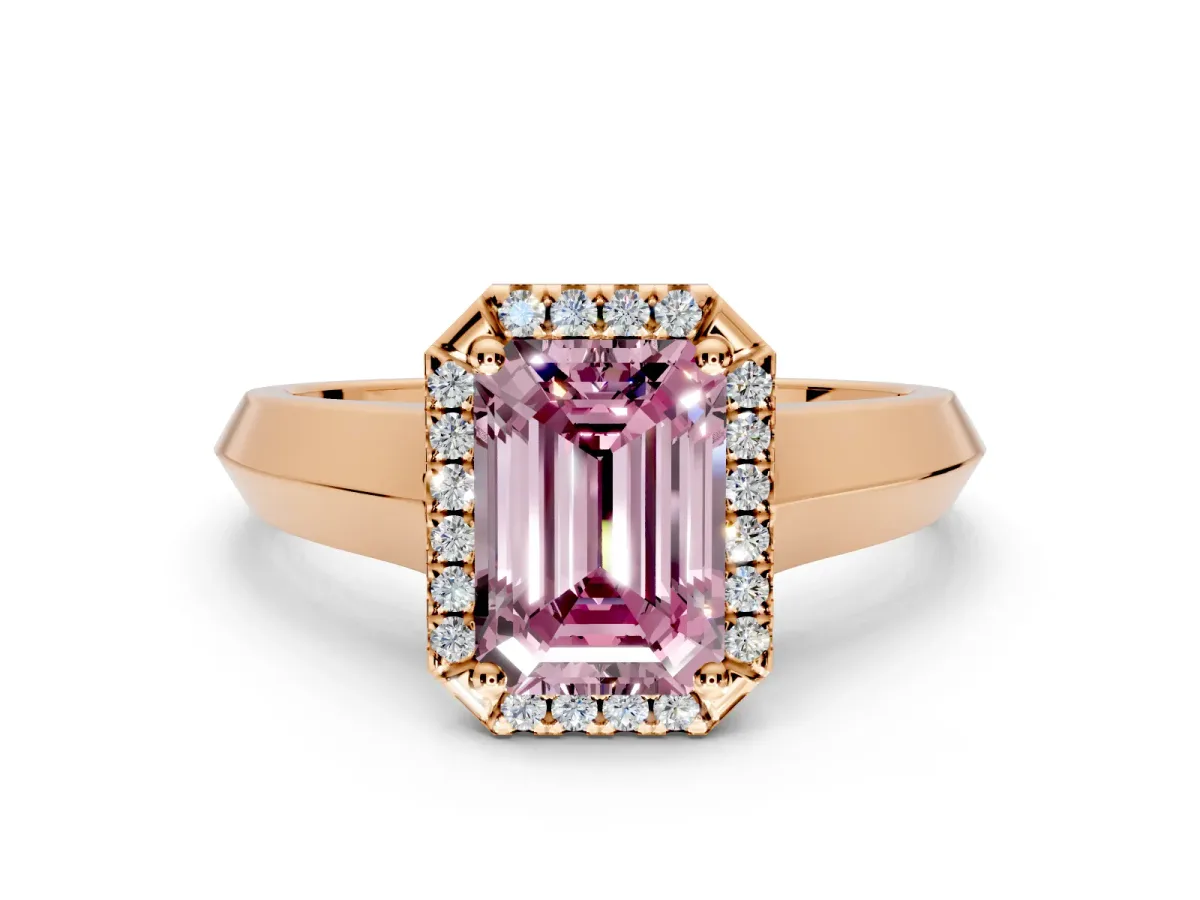 Halo Engagement Ring Setting for Fancy Pink Emerald Cut Center with Knife Ridge Cathedral Band and Prong Head in Rose Gold