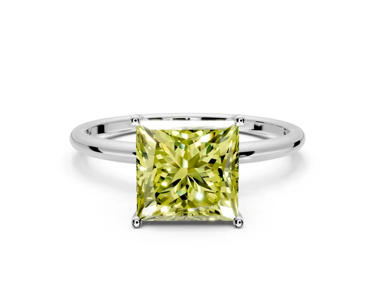 Solitaire Engagement Ring Setting for Fancy Yellow Princess Cut Center with Straight Thin Band and Prong Head in Platinum
