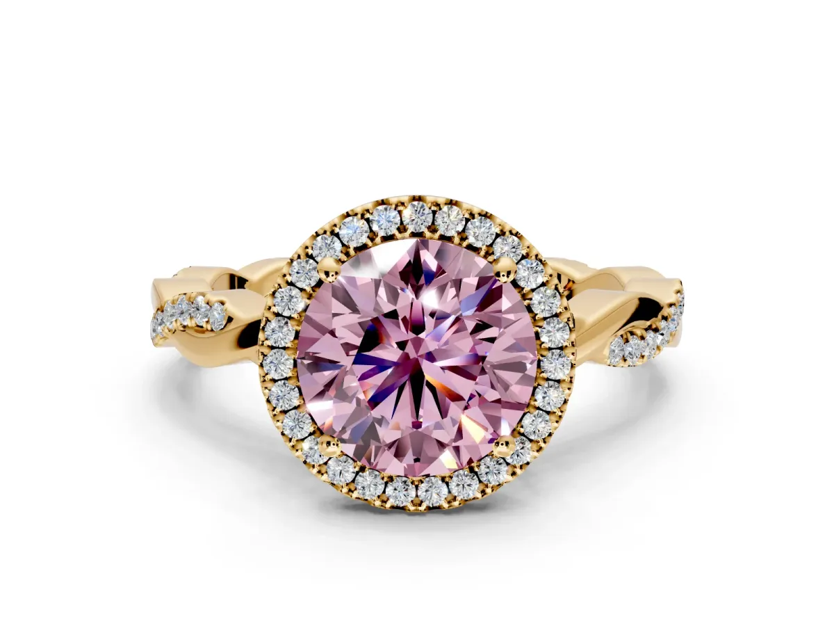 Halo Engagement Ring Setting for Fancy Pink Round Cut Center with Pave and Plain Twist Band and Prong Head in Yellow Gold
