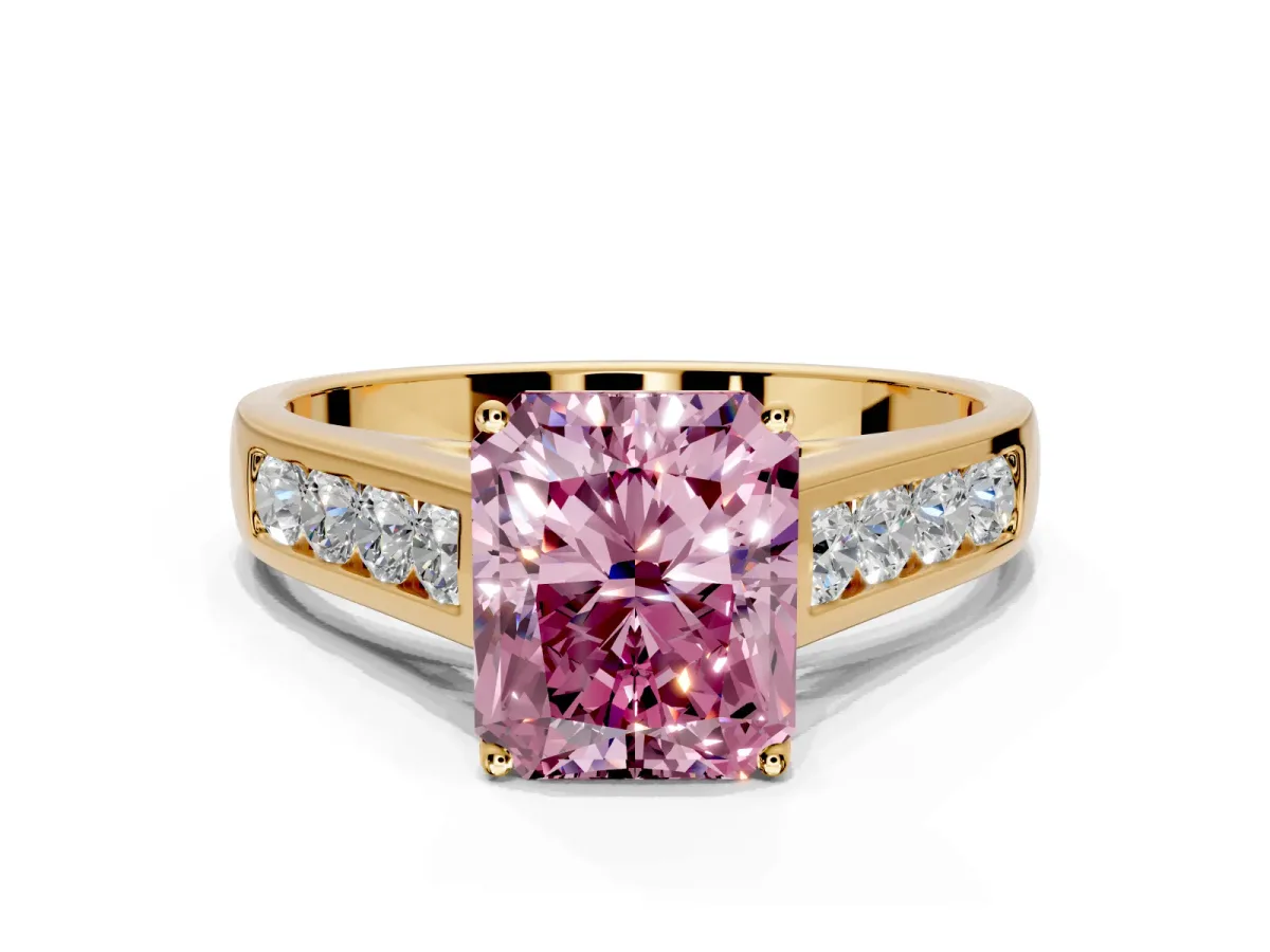 Solitaire Engagement Ring Setting for Fancy Pink Radiant Cut Center with Round Cut Channel Band and Prong Head in Yellow Gold