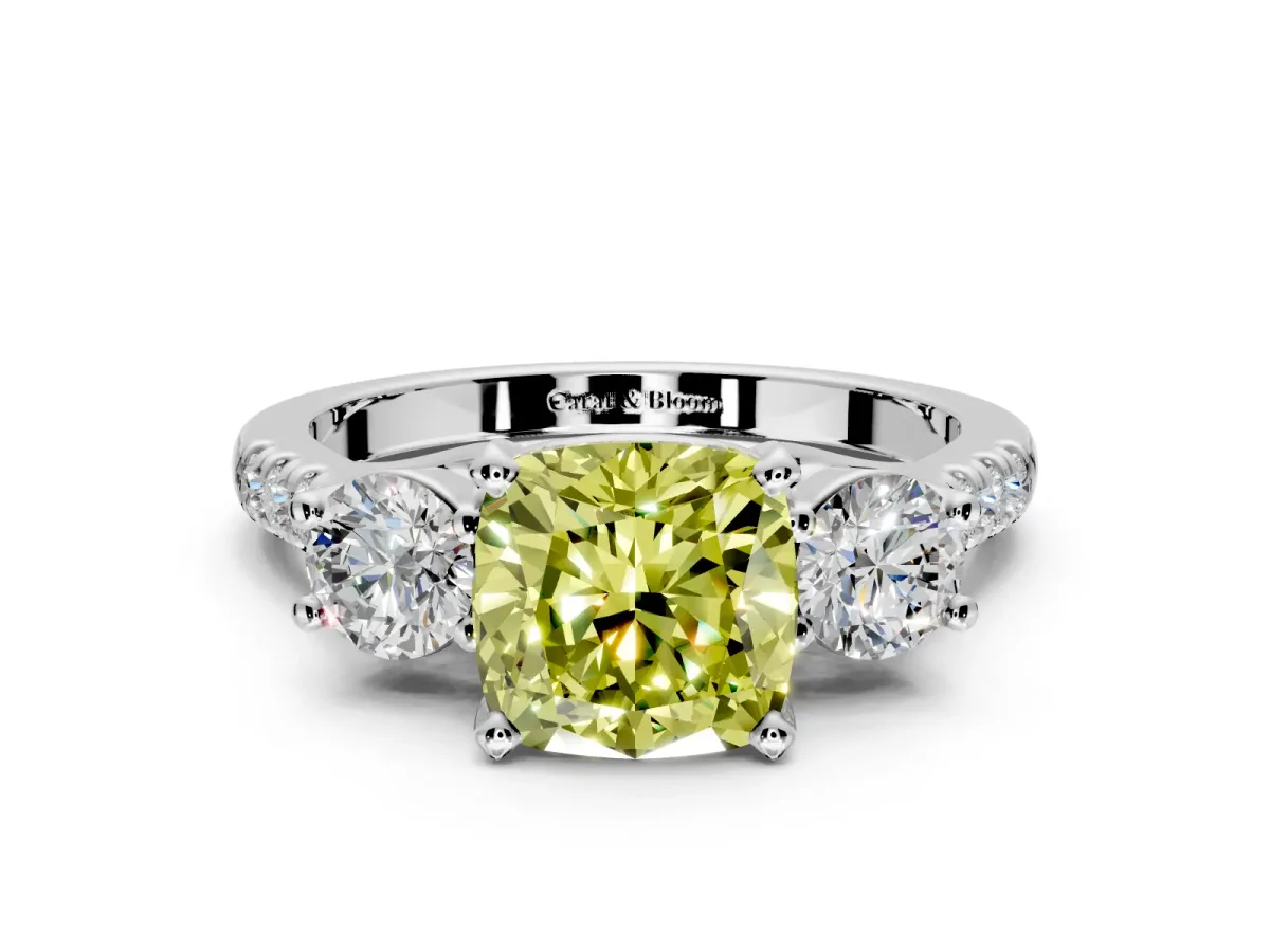 3 Stone Engagement Ring Setting for Fancy Yellow Cushion Cut Center with Crossover Basket, Pave Band and Prong Head in Platinum