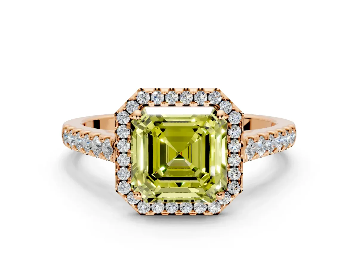 Halo Engagement Ring Setting for Fancy Yellow Asscher Cut Center with Narrowing Pave Band and Prong Head in Rose Gold