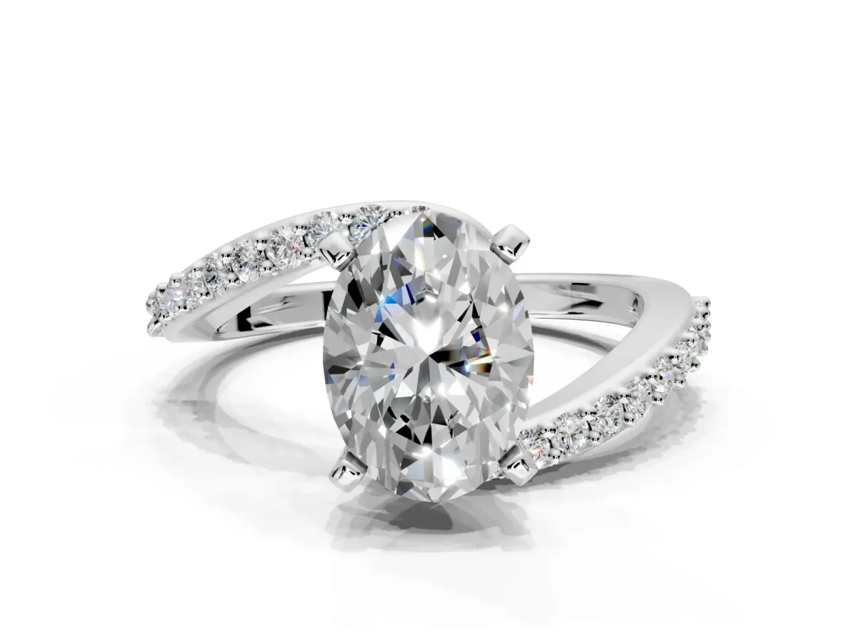 Solitaire Engagement Ring Setting for Oval Center with Pave Bypass Swirl Band and Prong Head in Platinum
