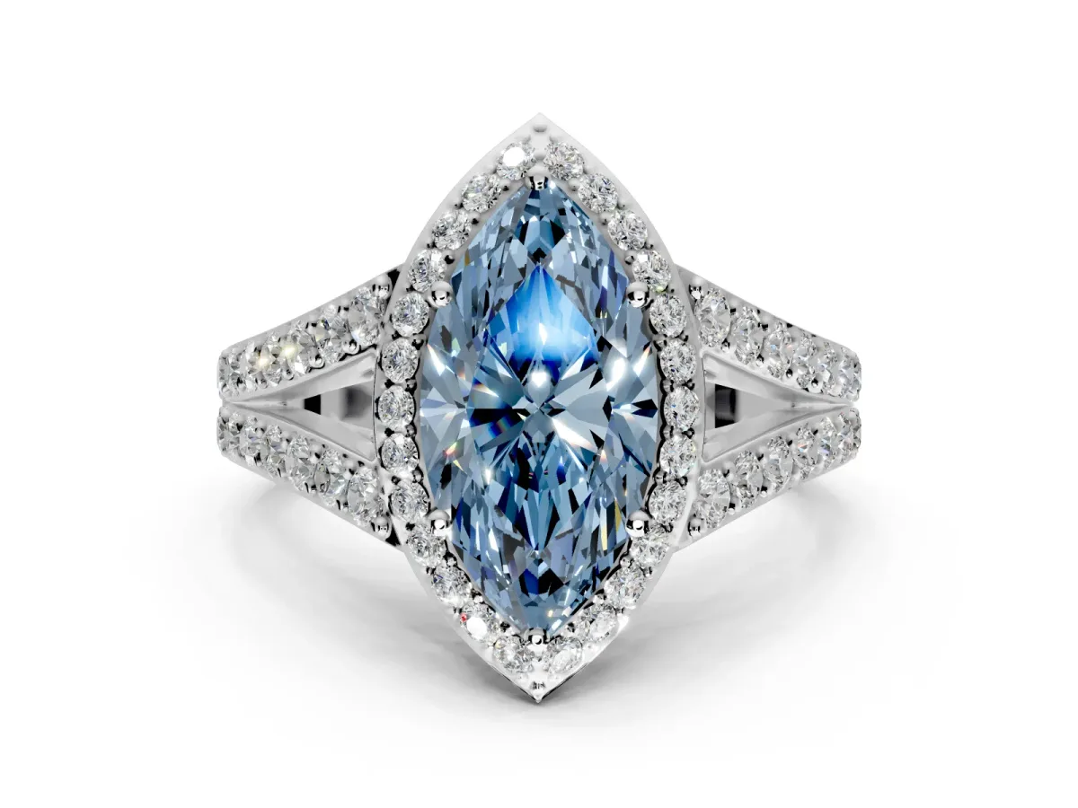 Halo Engagement Ring Setting for Fancy Blue Marquise Center with Narrow Pave Split Shank and Prong Head in Sterling Silver