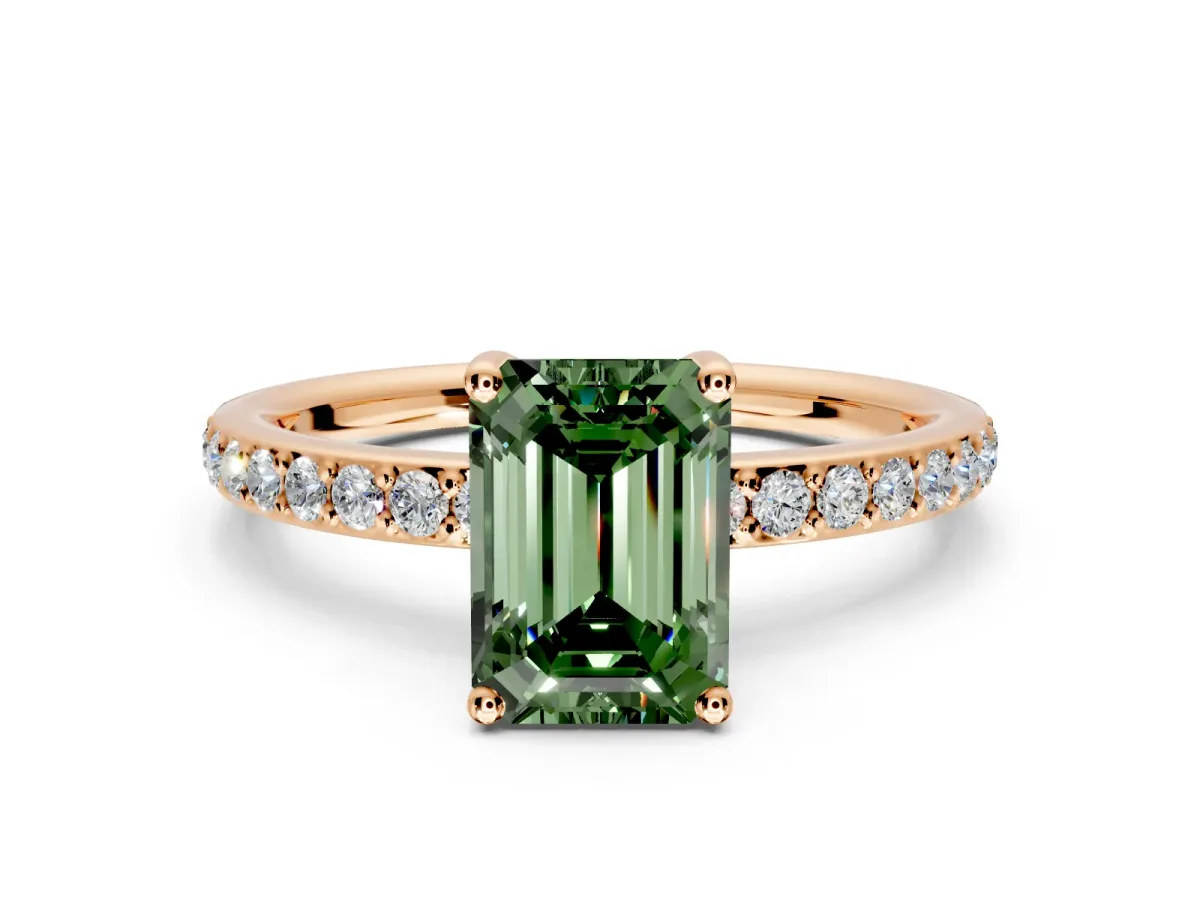 Solitaire Engagement Ring Setting for Fancy Green Emerald Cut Center with Fine Pave Band and Prong Head in Rose Gold