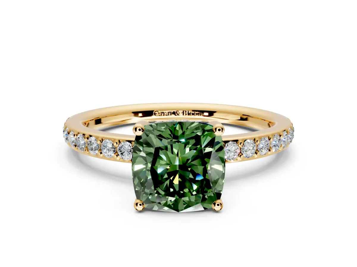 Solitaire Engagement Ring Setting for Fancy Green Cushion Cut Center with Fine Pave Band and Prong Head in Yellow Gold