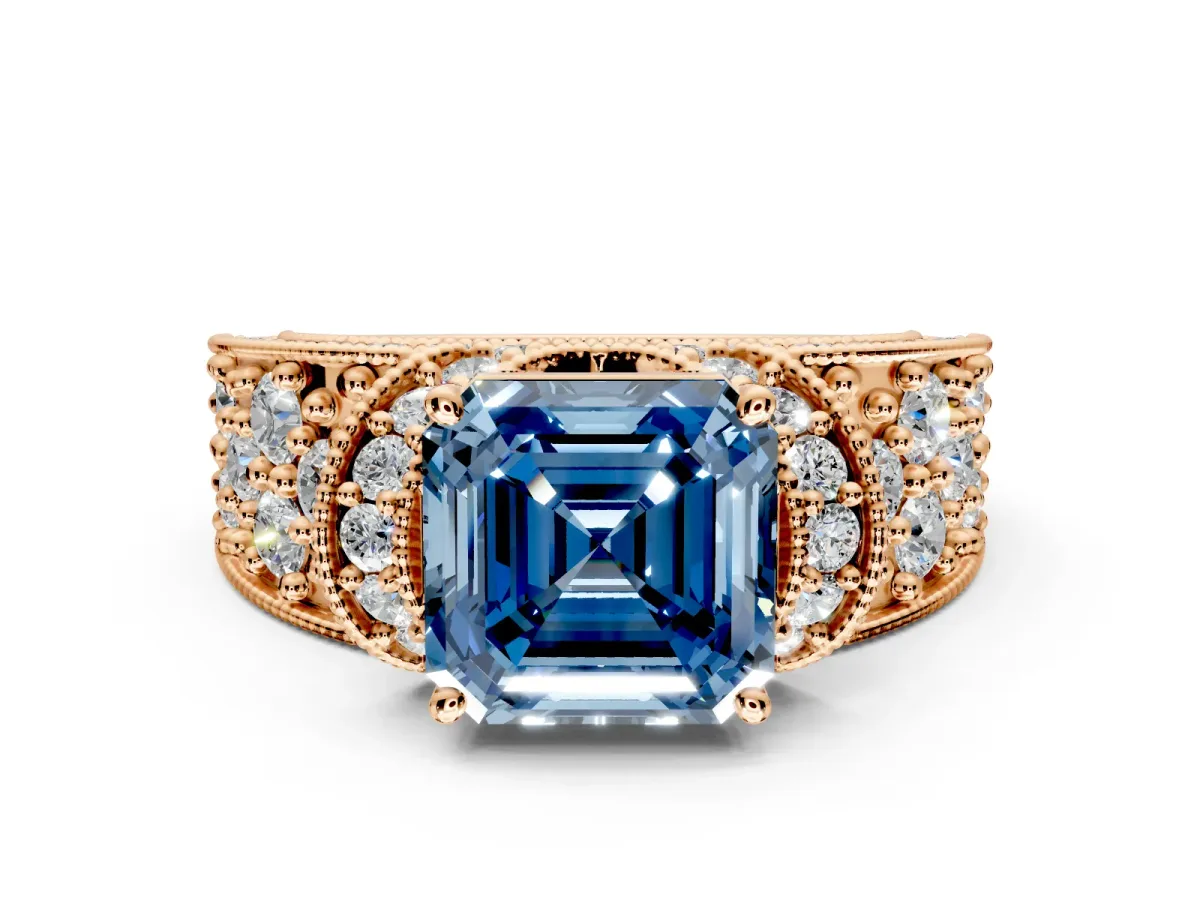 Pave Engagement Ring Setting for Fancy Blue Asscher Cut Center with Curved Accent Rows, Openwork and Prong Head in Rose Gold
