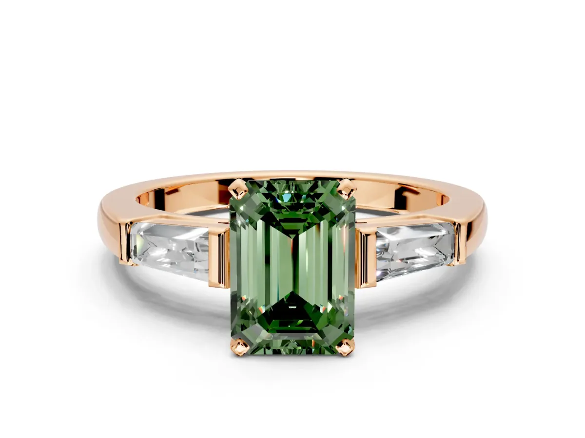 3 Stone Engagement Ring Setting for Fancy Green Emerald Cut Center with Tapered Baguettes, Plain Band and Prong Head in Rose Gold