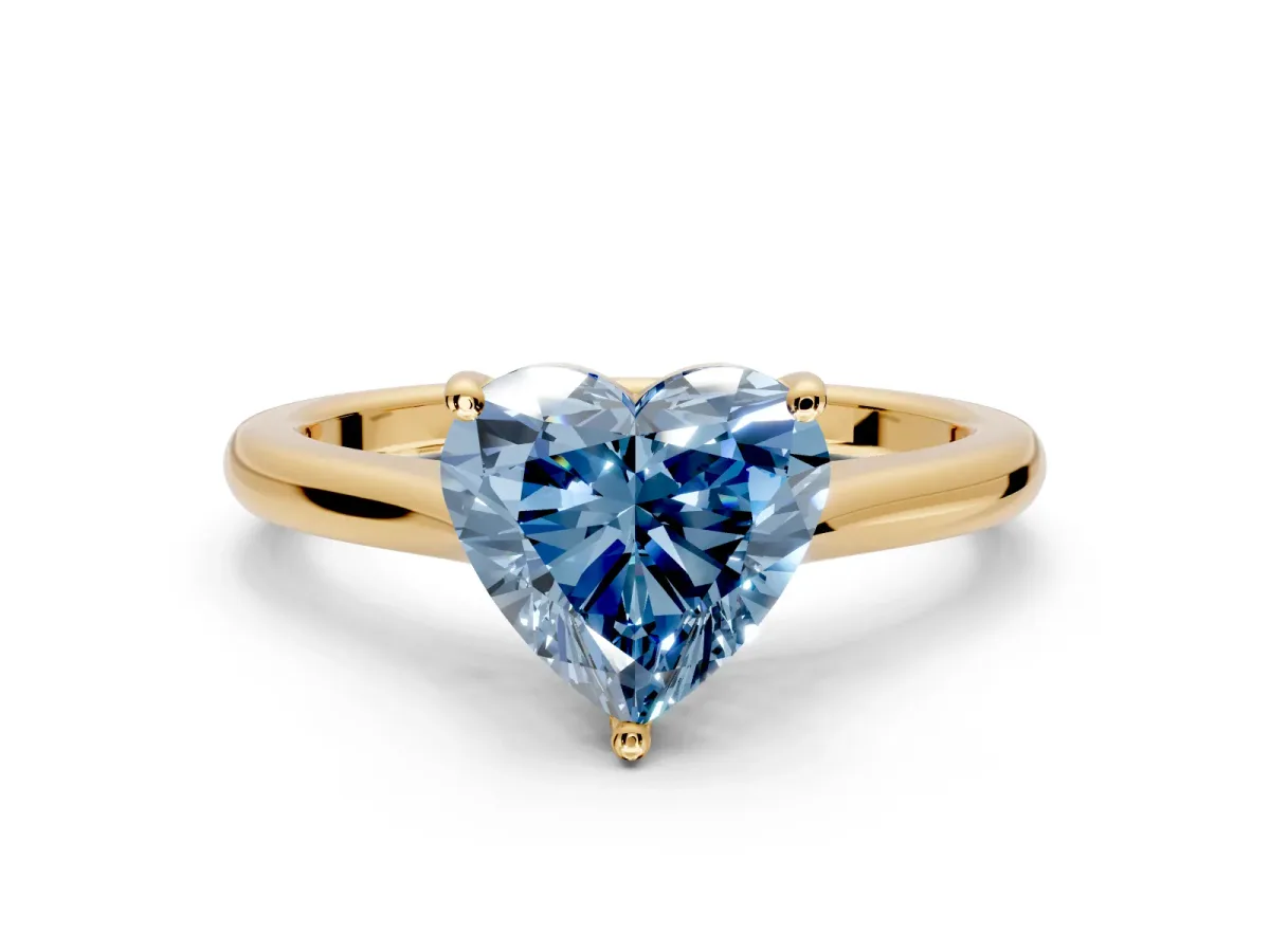 Solitaire Engagement Ring Setting for Fancy Blue Heart-Shaped Center with Narrow Cathedral Band and Prong Head in Yellow Gold
