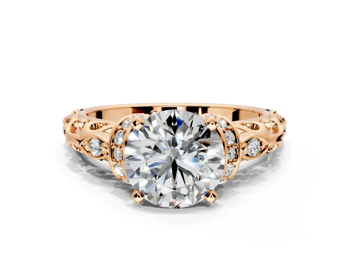 Solitaire Engagement Ring Setting for Round Cut Center with Filigree Band and Prong Head in Rose Gold