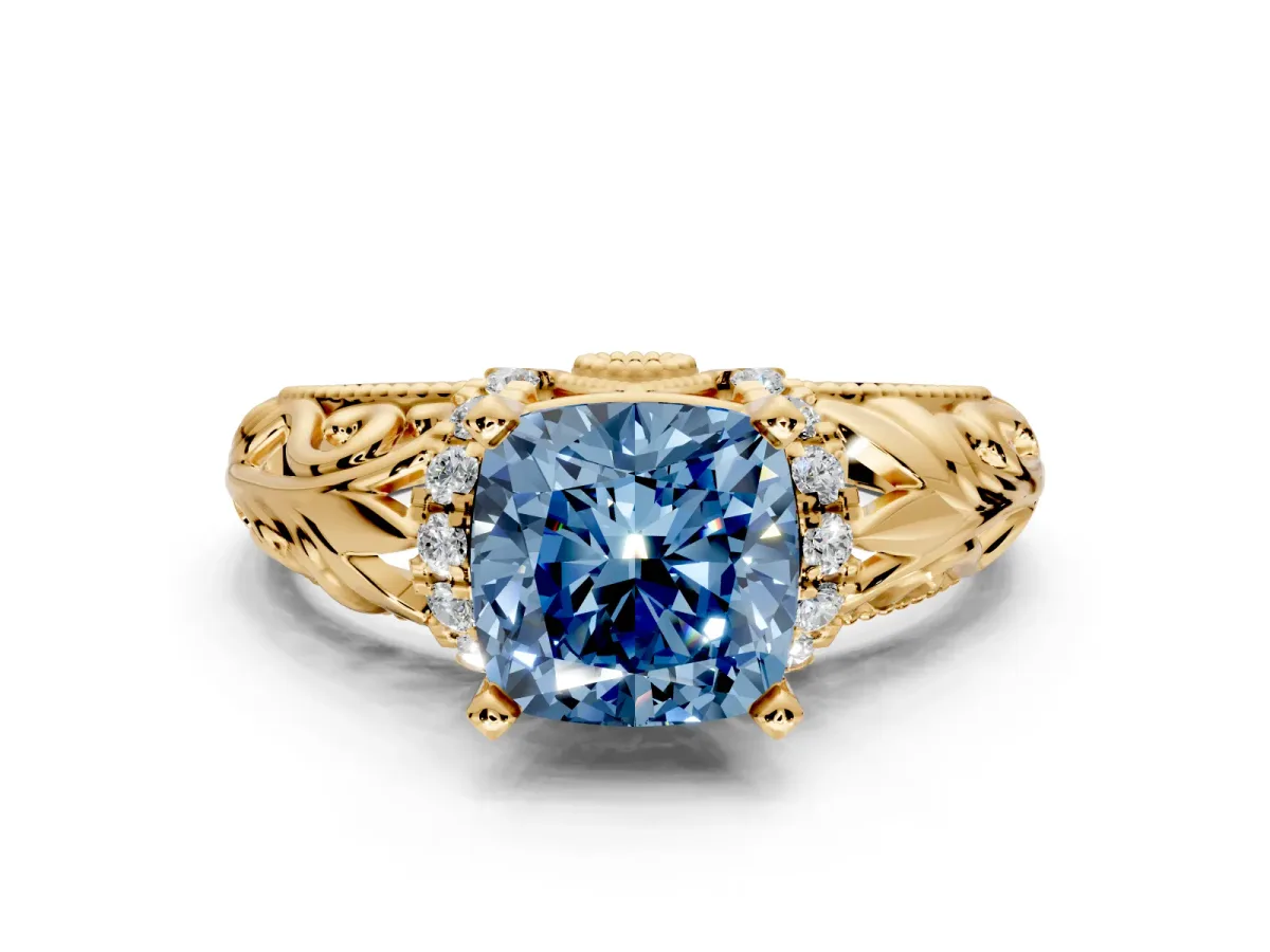 Solitaire Engagement Ring Setting for Fancy Blue Cushion Cut Center with Filigree Accent Basket and Prong Head in Yellow Gold