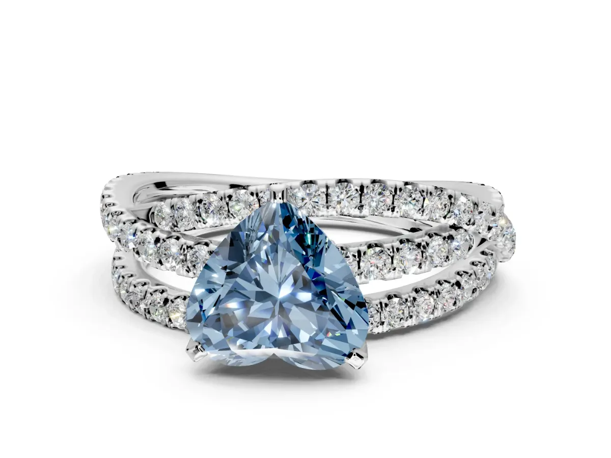 Solitaire Engagement Ring Setting for Fancy Blue Heart-Shaped Center with Woven 3-Strand Pave Band and Prong Head in Sterling Silver