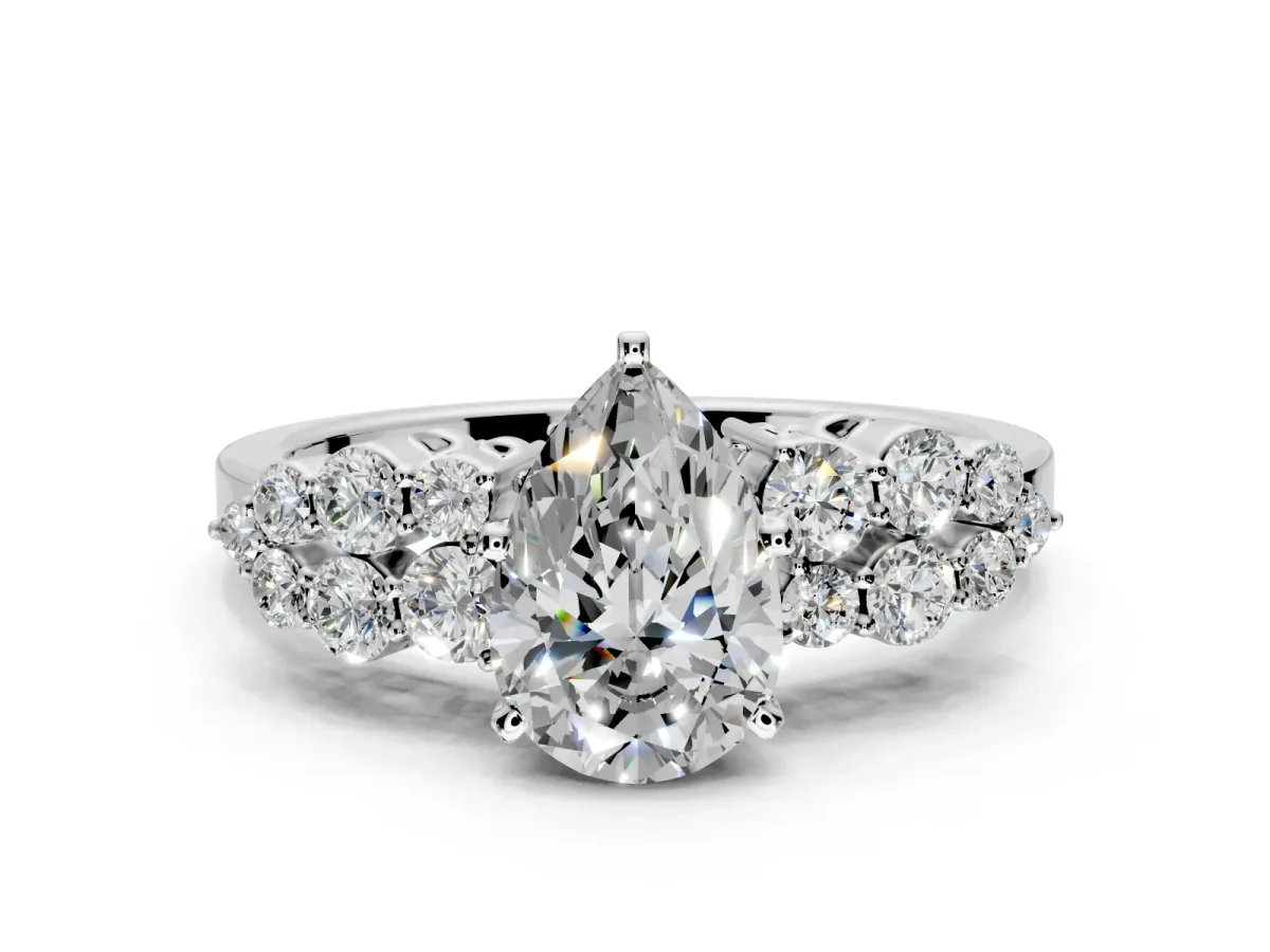 Cluster Engagement Ring Setting for Pear-Shaped Center with 2-Row Shoulder Clusters and Prong Head in White Gold