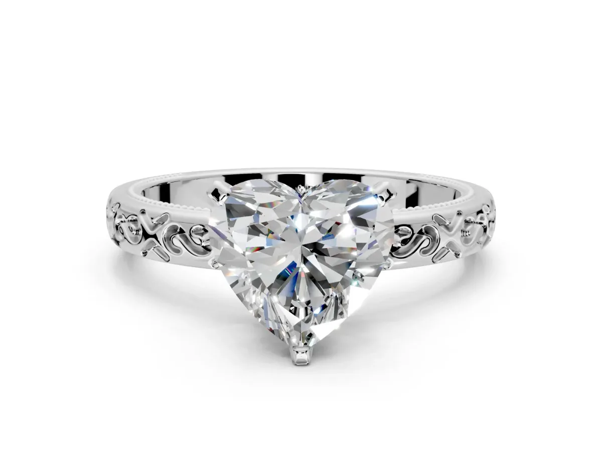 Solitaire Engagement Ring Setting for Heart-Shaped Center with Scrollwork Band and Prong Head in Platinum