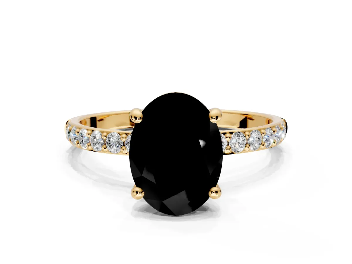 Solitaire Engagement Ring Setting for Fancy Black Oval Center with Pave Accents and Prong Head in Yellow Gold