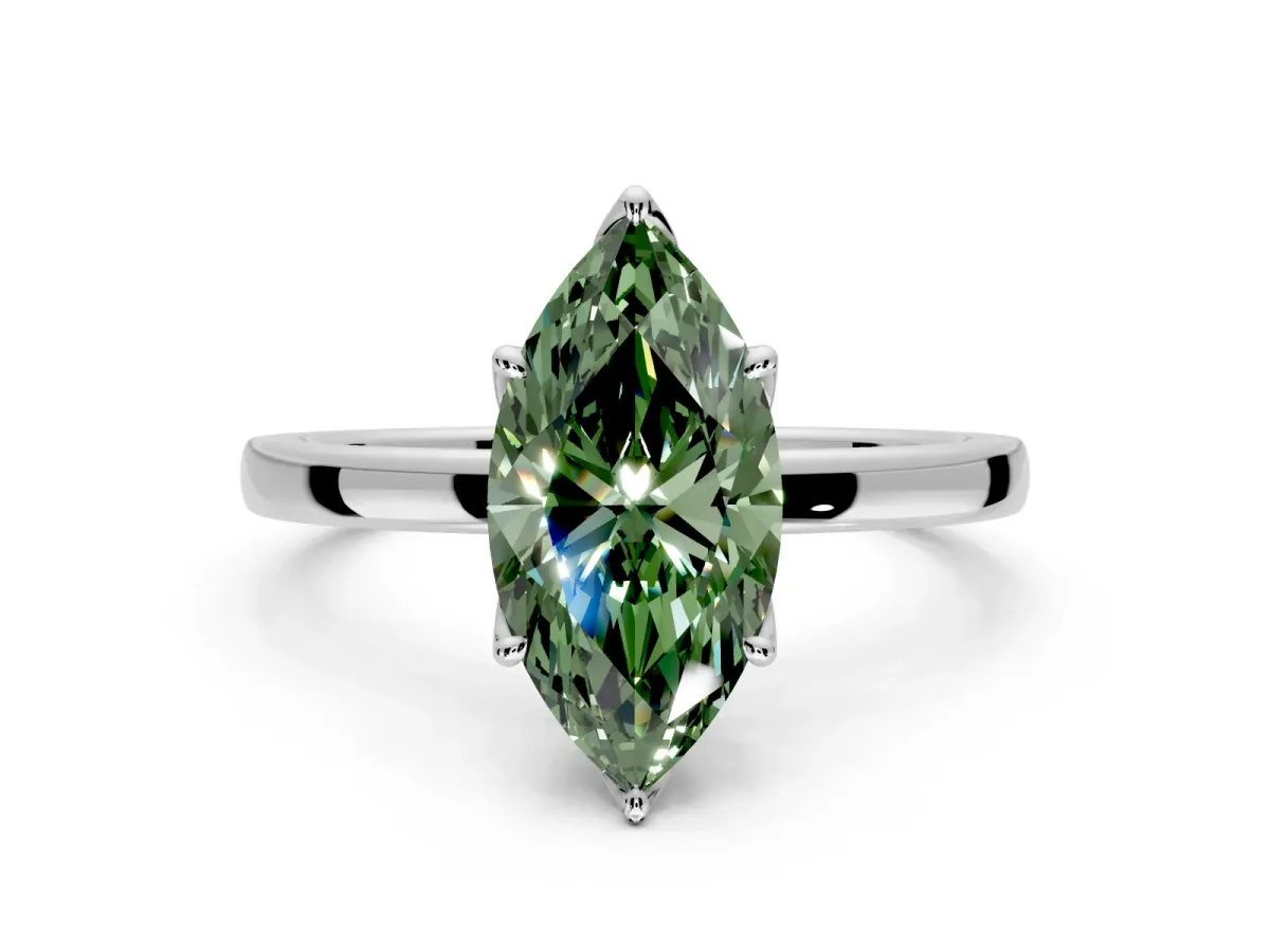 Solitaire Engagement Ring Setting for Fancy Green Marquise Center with Thin Rounded Plain Band and Prong Head in Sterling Silver