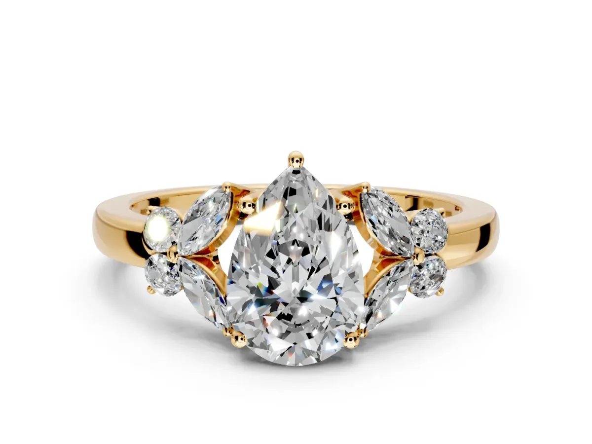 Solitaire Engagement Ring Setting for Pear-Shaped Center with Marquise Flower Shoulders and Prong Head in Yellow Gold