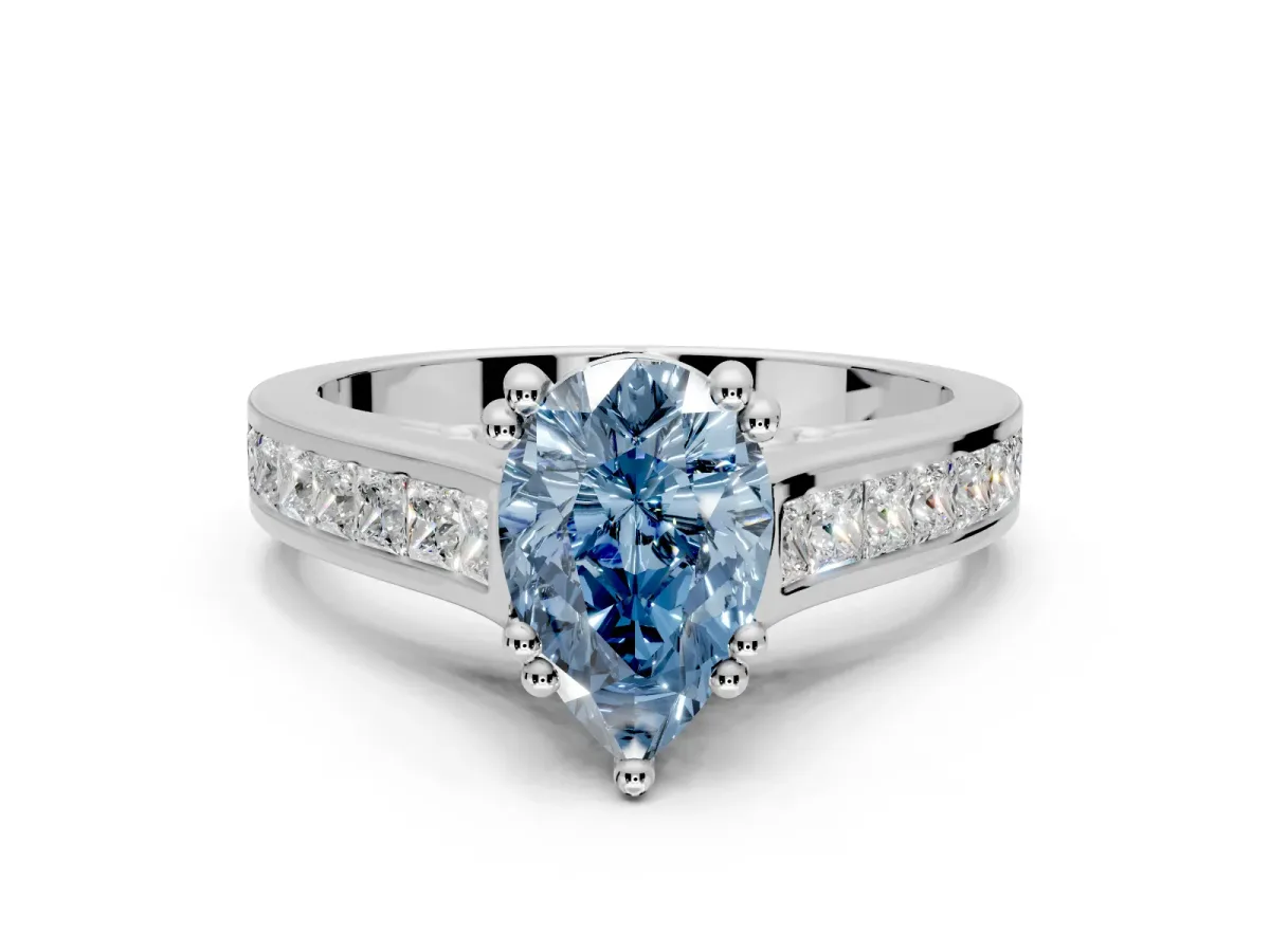 Solitaire Engagement Ring Setting for Fancy Blue Pear-Shaped Center with Channel Band and Double Claw Prong Head in Platinum