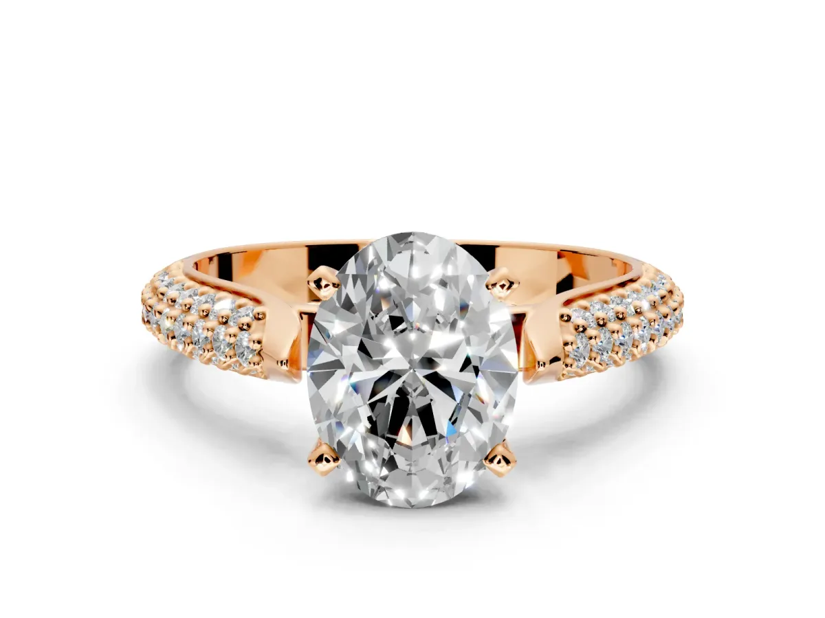 Solitaire Engagement Ring Setting for Oval Center with Multi-Row Accents and Prong Head in Rose Gold