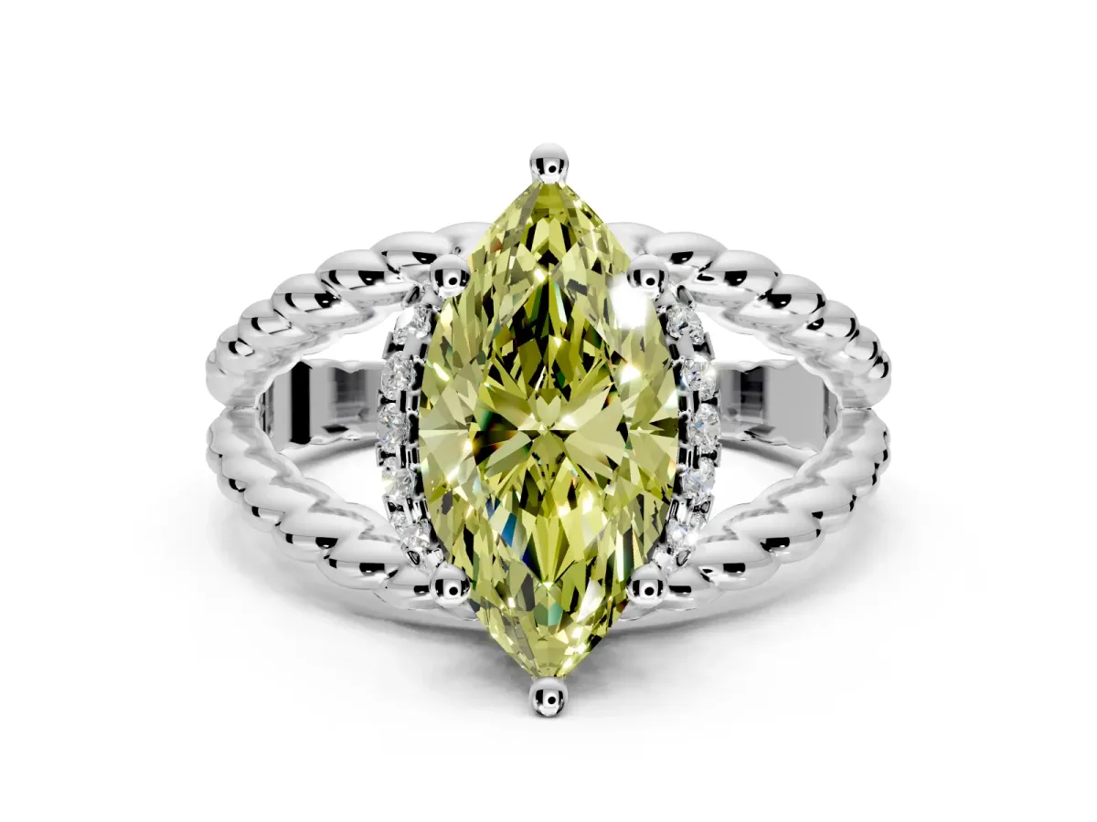 Halo Engagement Ring Setting for Fancy Yellow Marquise Center with Rope Twist Split Shank and Prong Head in Platinum