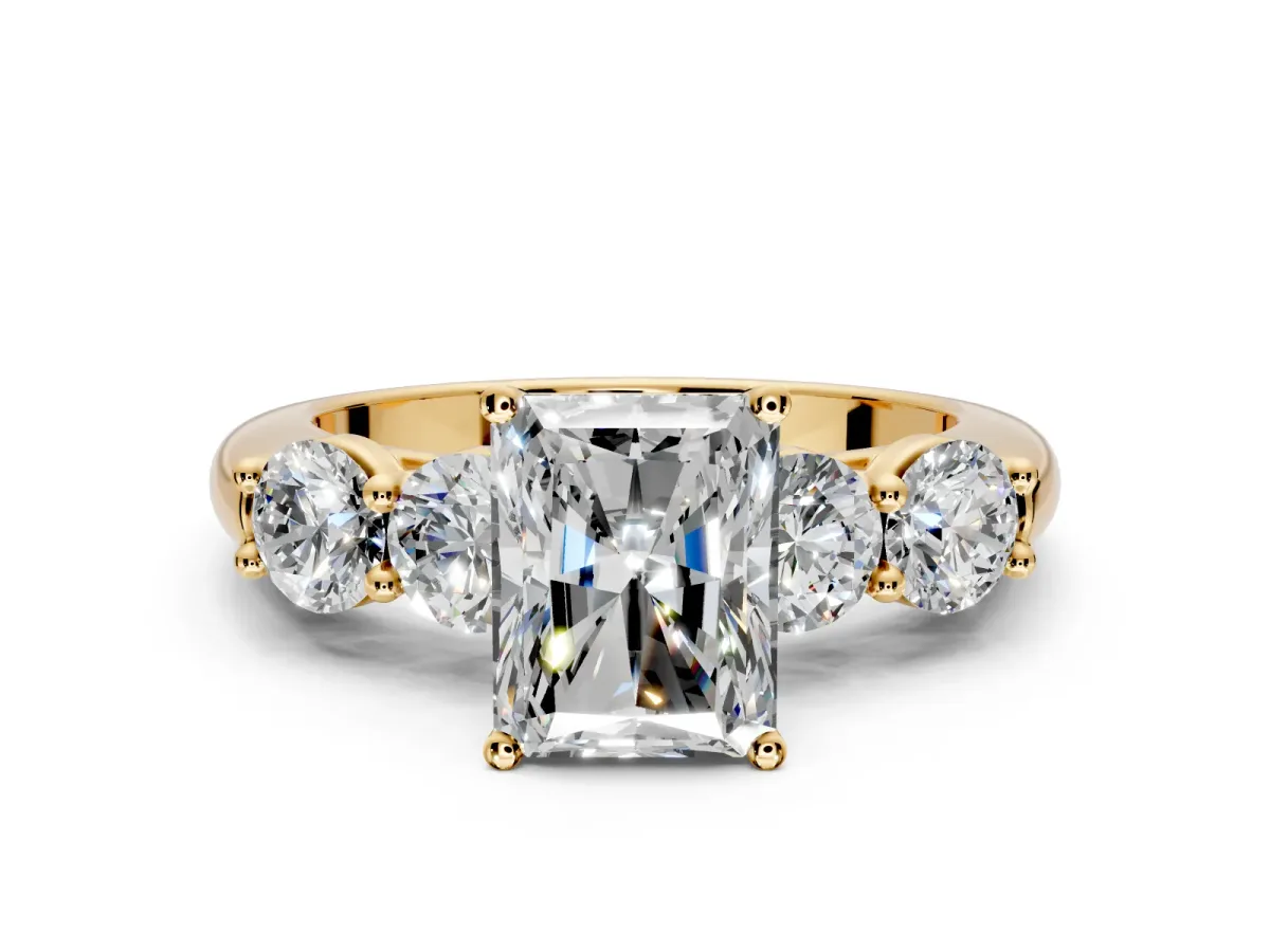 5 Stone Engagement Ring Setting for Radiant Cut Center with Graduated Accents and Prong Head in Yellow Gold
