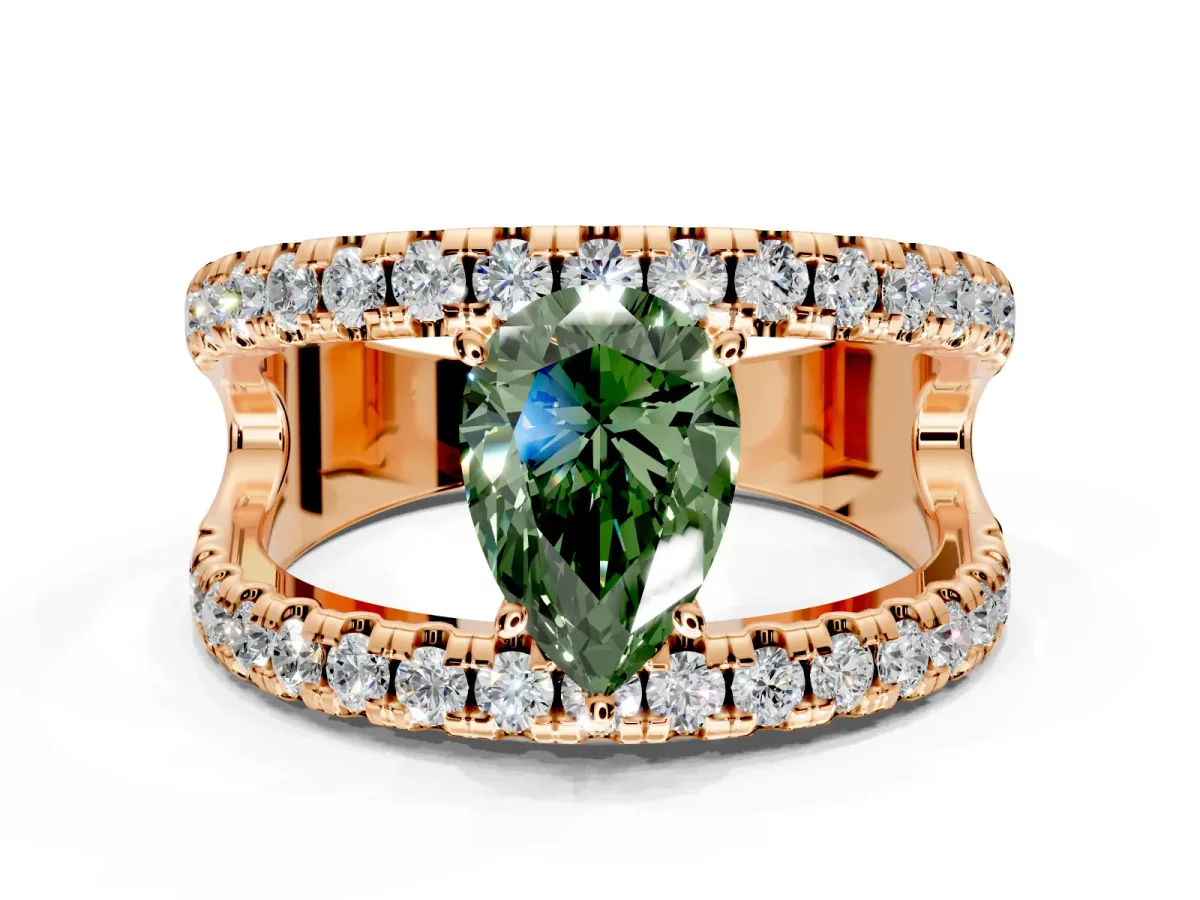 Solitaire Engagement Ring Setting for Fancy Green Pear-Shaped Center with Wide-Open Split Shank and Prong Head in Rose Gold